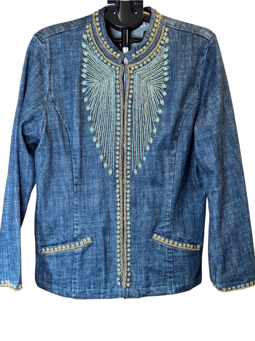 Chico's Blue Denim Jacket with Teal & Gold Embellishment Beading